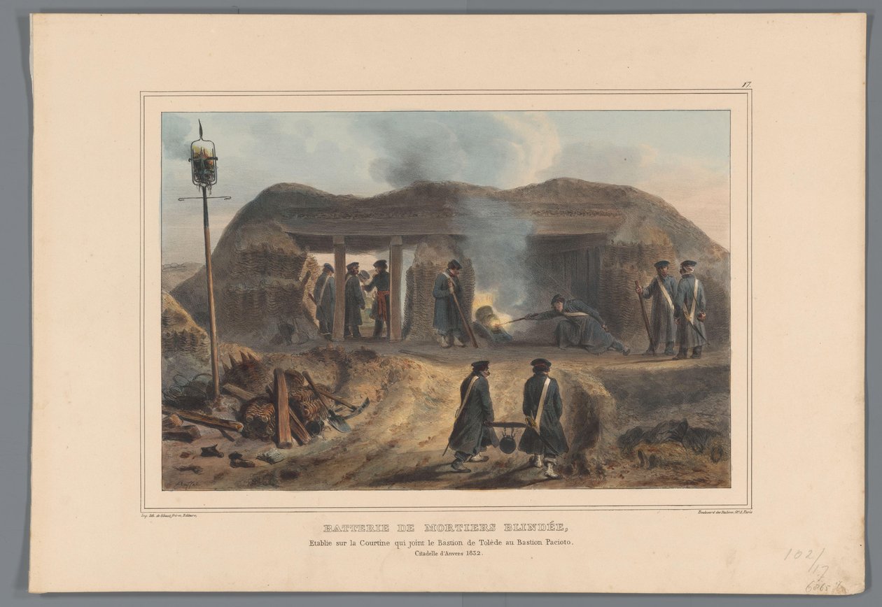 Afschieten van een morter, 1832 Batteri af pansrede morterer, etableret på Courtine, der forbinder Bastion of Toledo med Bastion Pacioto (titel på objekt) Tegninger lavet af livet ved belejringen af ​​Citadellet i Antwerpen af ​​Raffet (serietitel på objek af Denis Auguste Marie Raffet