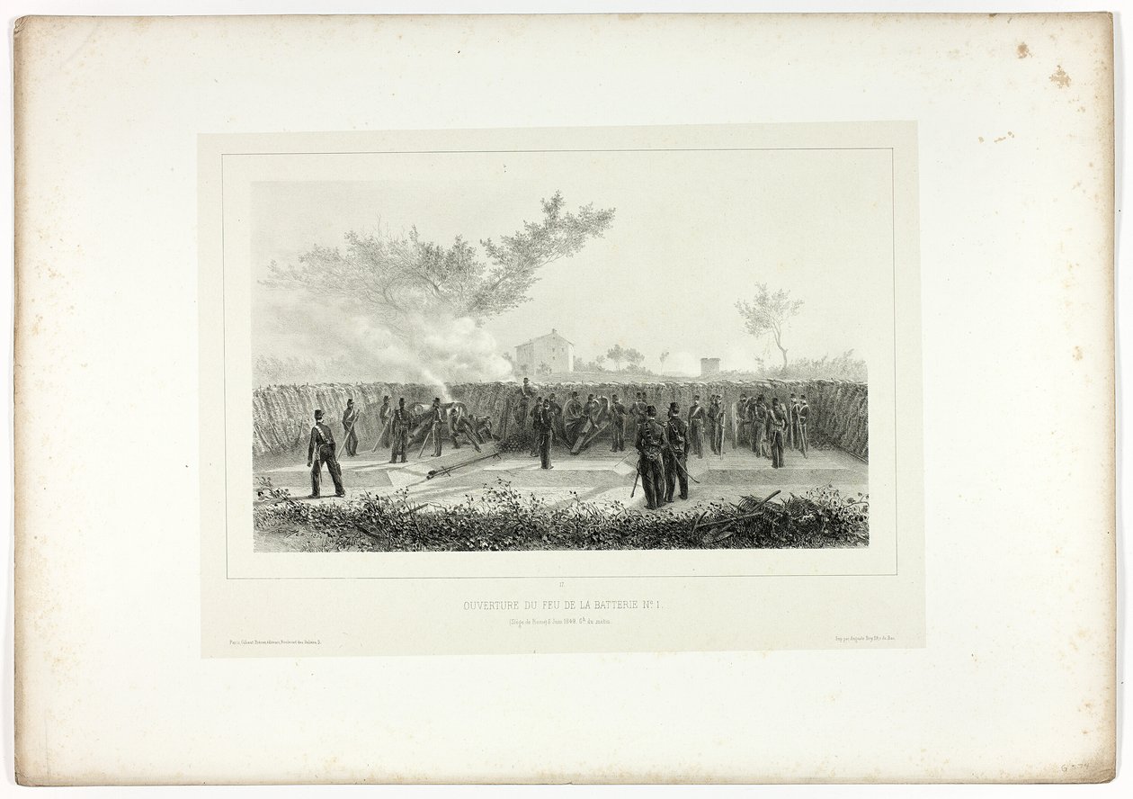 Batteri nr. 1 åbner ild fra Souvenirs of Italy: Rome Expedition af Denis Auguste Marie Raffet