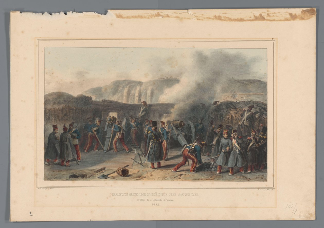 Beschieting van de Citadel, 1832 Batteribrud i aktion (titel på objekt) Tegninger lavet af livet ved belejringen af ​​Citadellet i Antwerpen af ​​Raffet (serietitel på objekt) af Denis Auguste Marie Raffet
