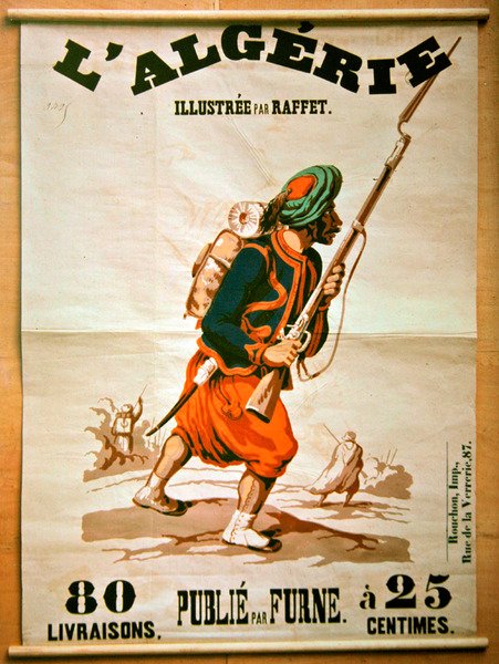 Boghandelsplakat, der reklamerer for en række publikationer om Algeriet, 1843 af Denis Auguste Marie Raffet