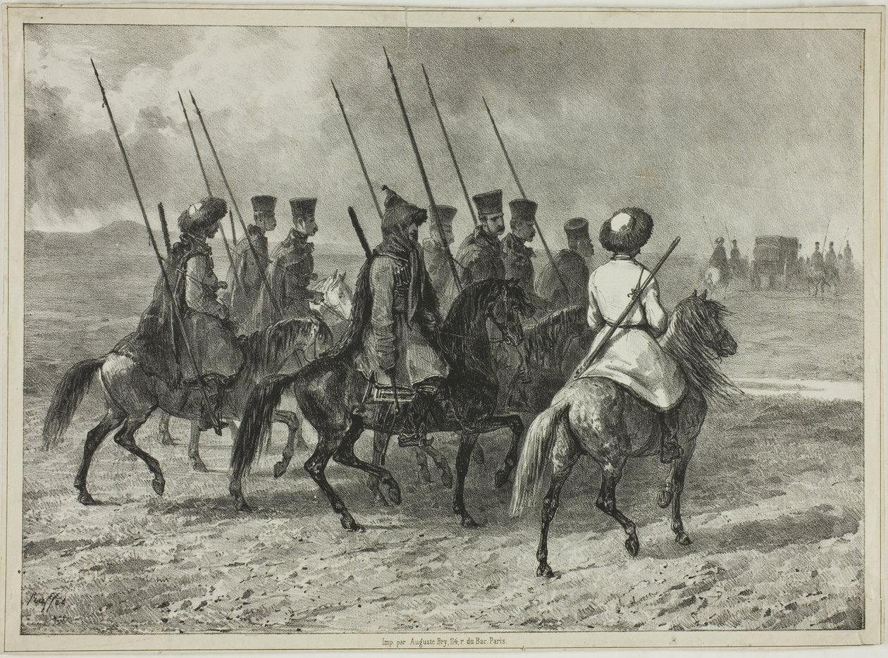 Kosak-eskorte til grænsen til Kuban, Taman (Centralrusland), 11. oktober 1837 af Denis Auguste Marie Raffet