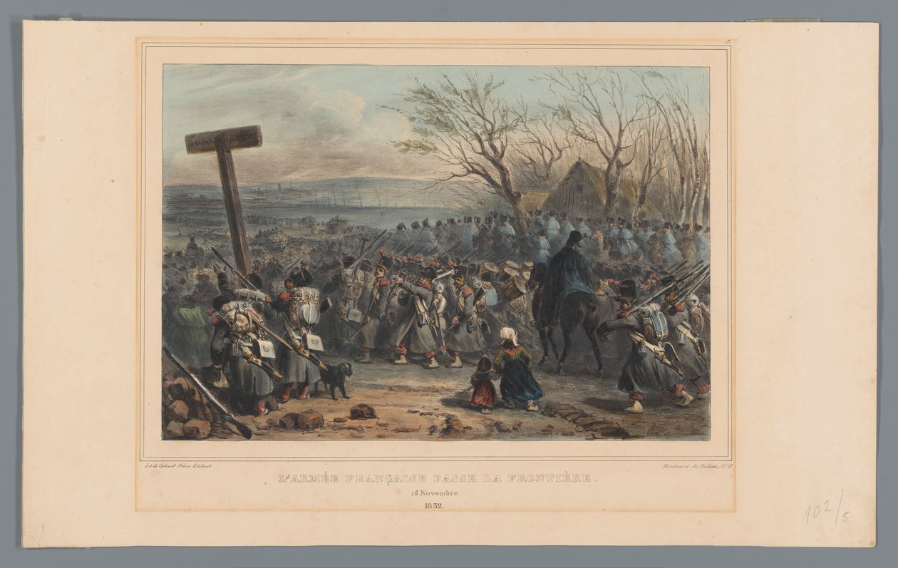 Fransk leger rukt op, 1832 Den franske hær krydser grænsen (titel på objekt) Tegninger lavet af livet ved belejringen af ​​Citadellet i Antwerpen af ​​Raffet (serietitel på objekt) af Denis Auguste Marie Raffet