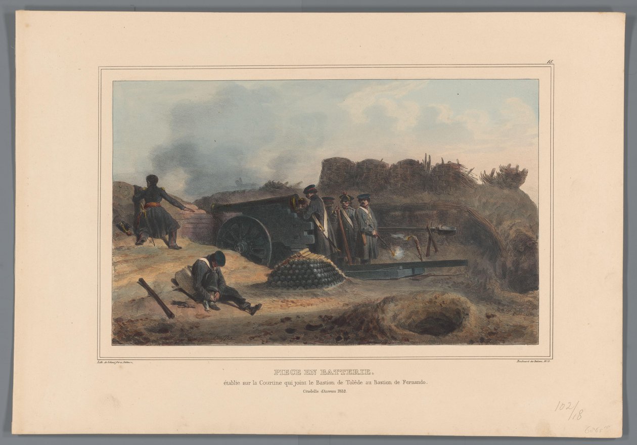 Geschut i Actie, 1832 Batteridel, etableret på Courtine, der slutter sig til bastionen af ​​Toledo til bastionen af ​​Fernando (titel på objekt) Tegninger lavet af naturen i hovedkvarteret for Citadel of Antwerpen af ​​RAFFET (Series titel på objekt) af Denis Auguste Marie Raffet