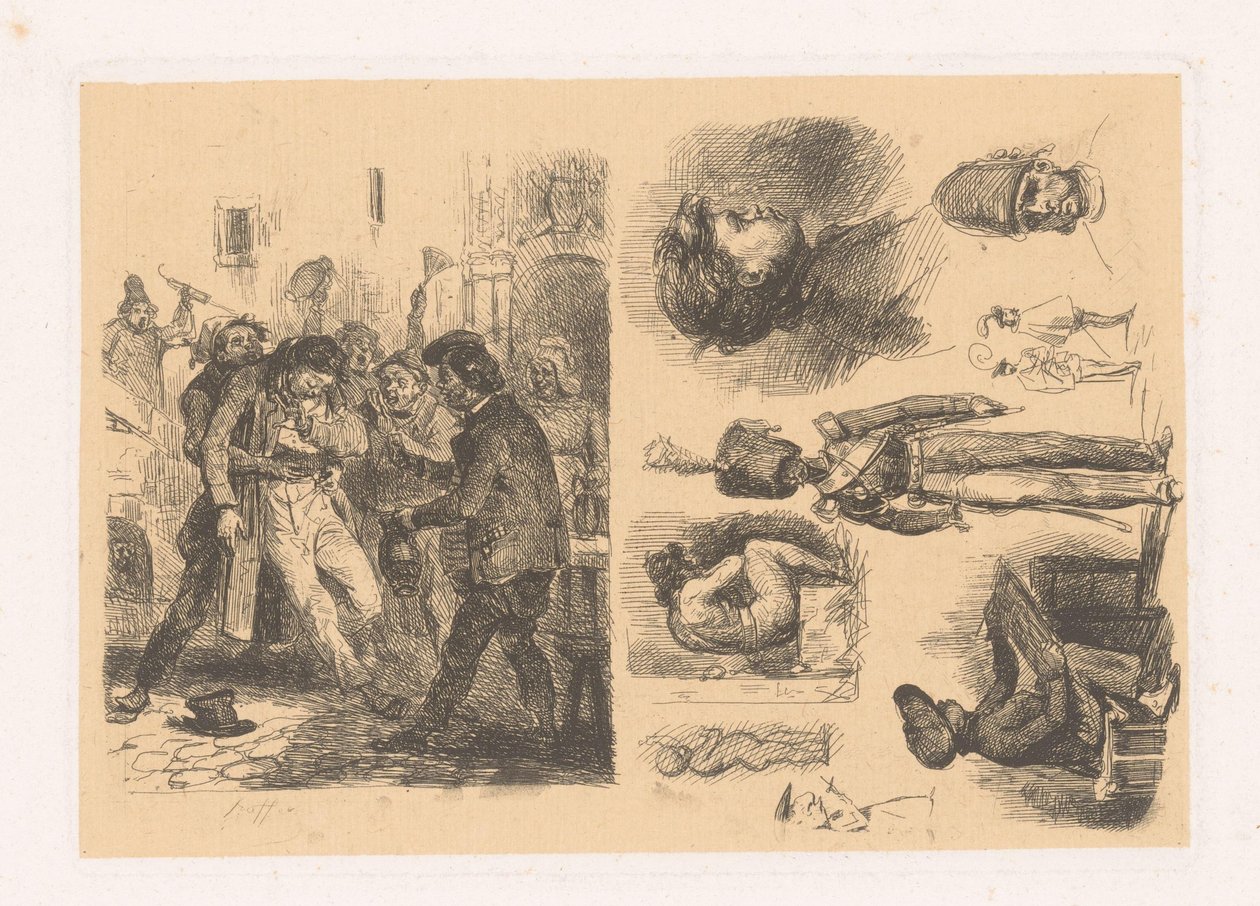 Gruppe af mænd, ved siden af ​​en komposition inklusive en soldat croquis; Scener af revolutionen af Denis Auguste Marie Raffet
