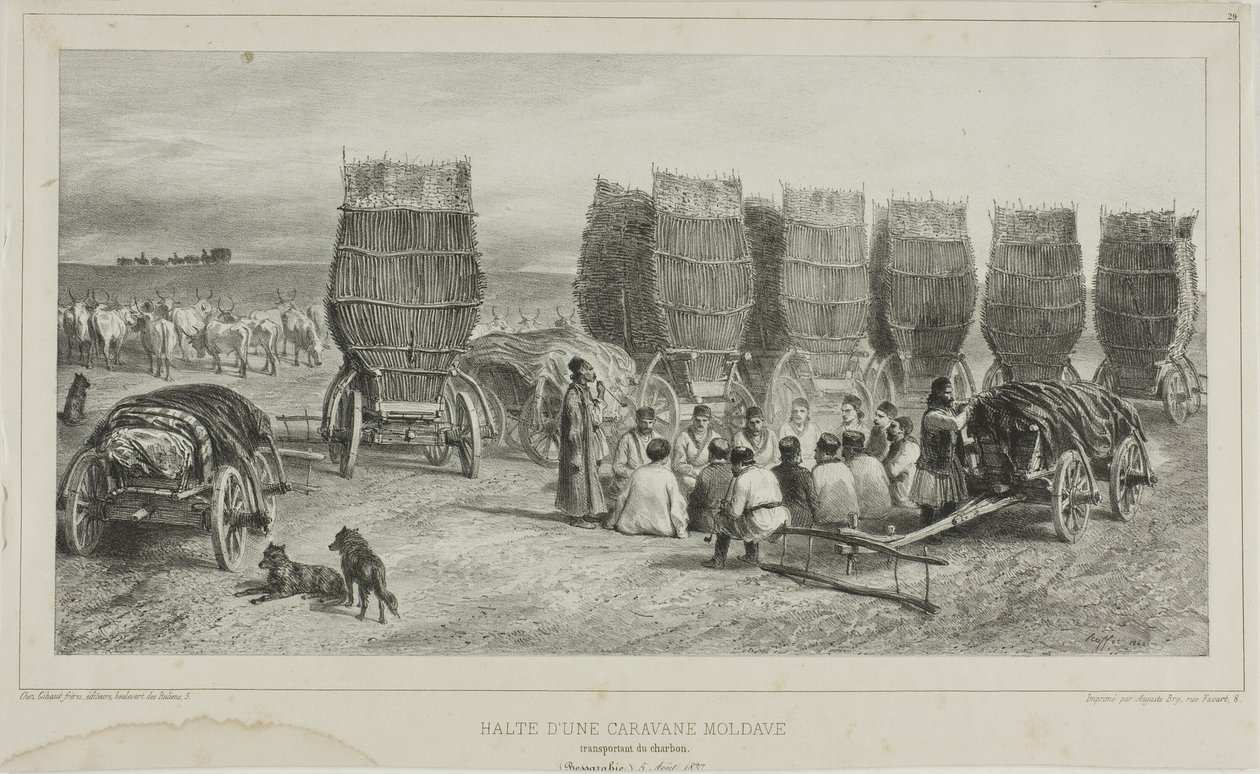 Stoppested for en moldavisk karavane, der transporterede kul, Bessarabien, 5. august 1837 af Denis Auguste Marie Raffet