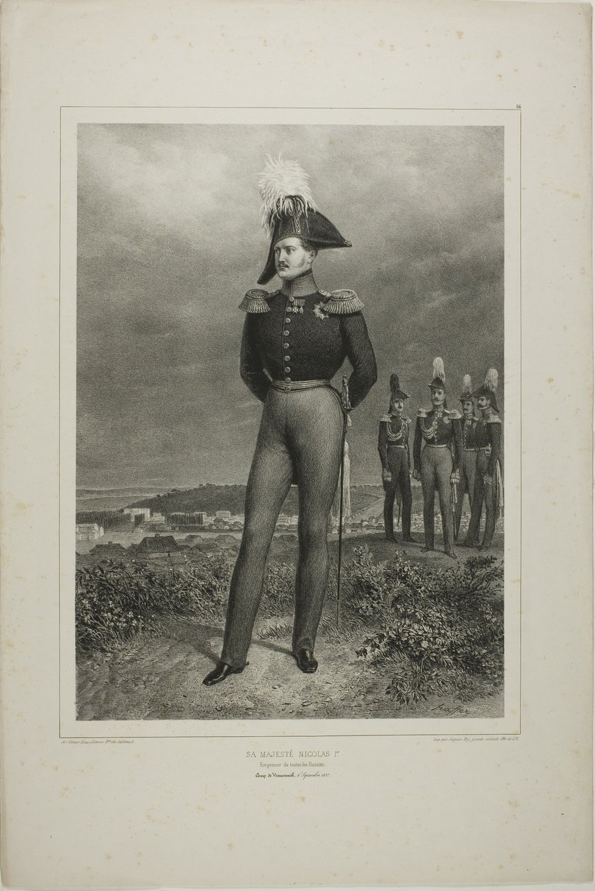 Hans Majestæt Nicolas I, kejser af hele Rusland, lejr Vosnessensk, 6. oktober 1837 af Denis Auguste Marie Raffet