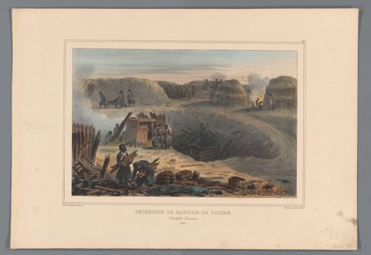 Militairten binnen een bastion, 1832 Interiør af Bastionen i Toledo (titel på objekt) Tegninger lavet af livet ved belejringen af ​​Citadellet i Antwerpen af ​​Raffet (serietitel på objekt) af Denis Auguste Marie Raffet