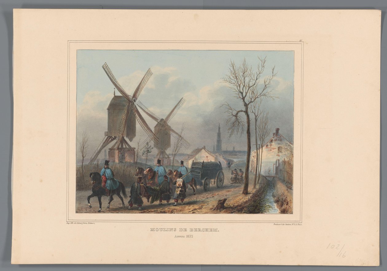 Molens van Berchem, 1832 Berchem Mills (titel på objekt) Tegninger lavet af naturen i hovedkvarteret for Citadel of Antwerpen af ​​RAFFET (Series titel på objekt) af Denis Auguste Marie Raffet