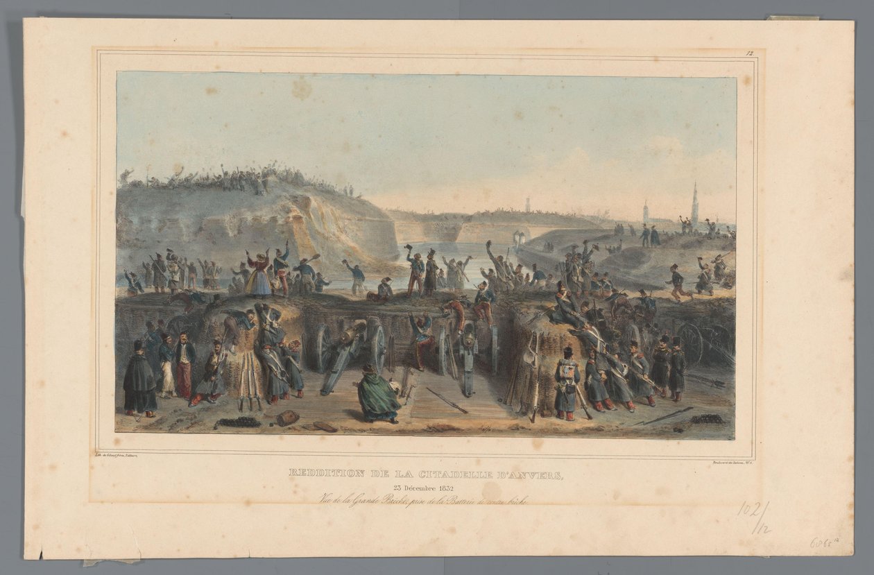 Overgave van de Citadel van Antwerpen, 1832 Overgivelse af Citadellet i Antwerpen (titel på objekt) Tegninger lavet af livet ved belejringen af ​​Citadellet i Antwerpen af ​​Raffet (serietitel på objekt) af Denis Auguste Marie Raffet