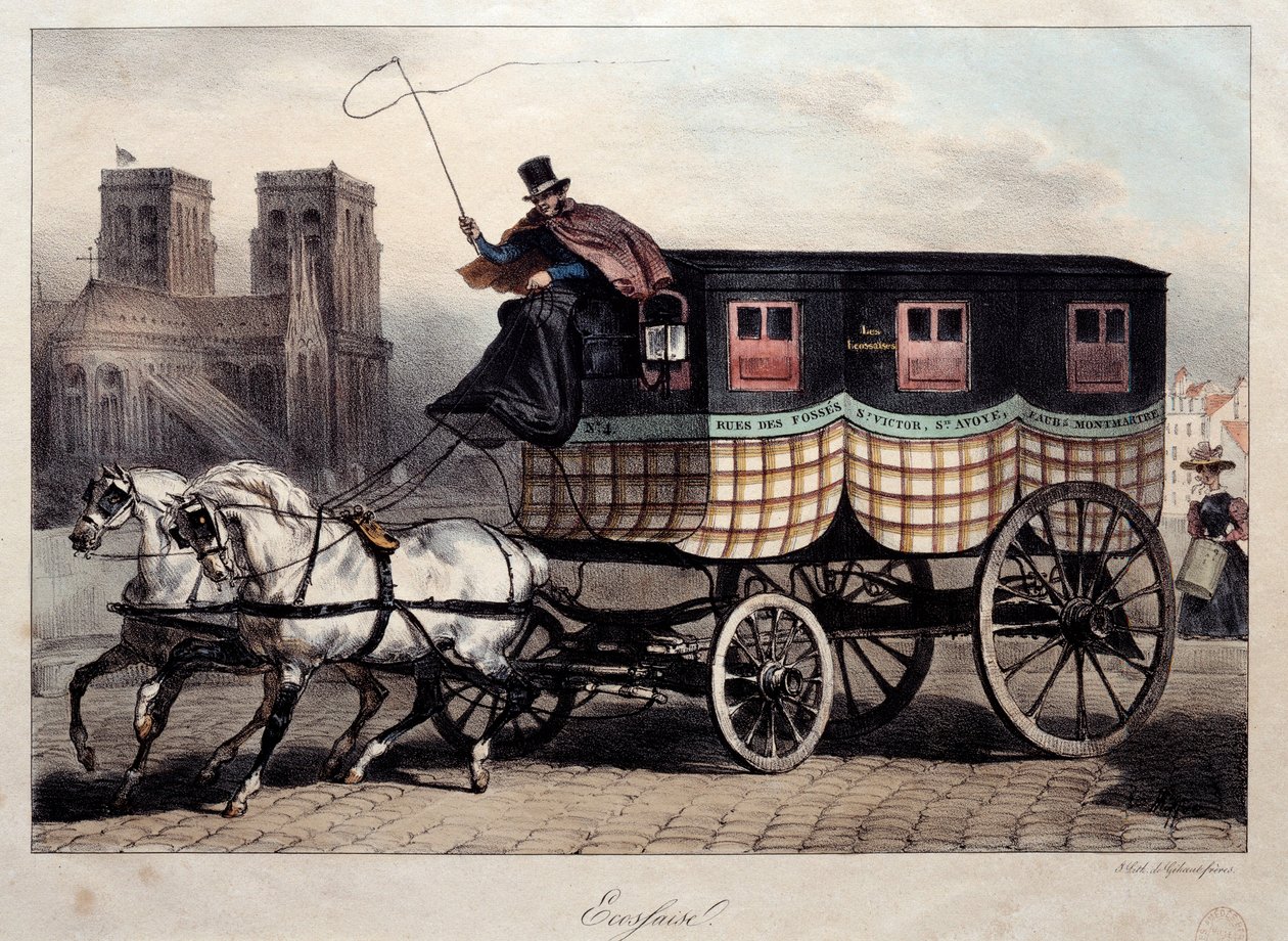 Parisisk transport: omnibus kendt som "den skotske" litografi af Denis Auguste Raffet (1804-1860) Paris fra det 19. århundrede, Musee Carnavalet af Denis Auguste Marie Raffet