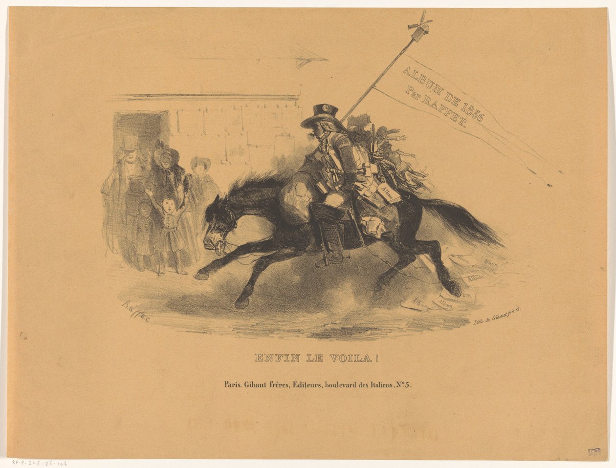 Postillion til hest Endelig le voila! (titel på objekt) Album fra 1836 (serietitel på objekt) af Denis Auguste Marie Raffet