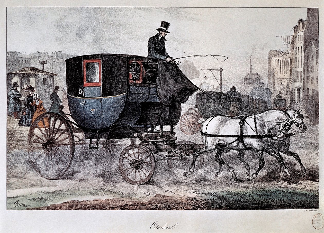 Offentlig transport i det 19. århundrede: en kabine i gaderne i Paris (farvet indgravering) af Denis Auguste Marie Raffet
