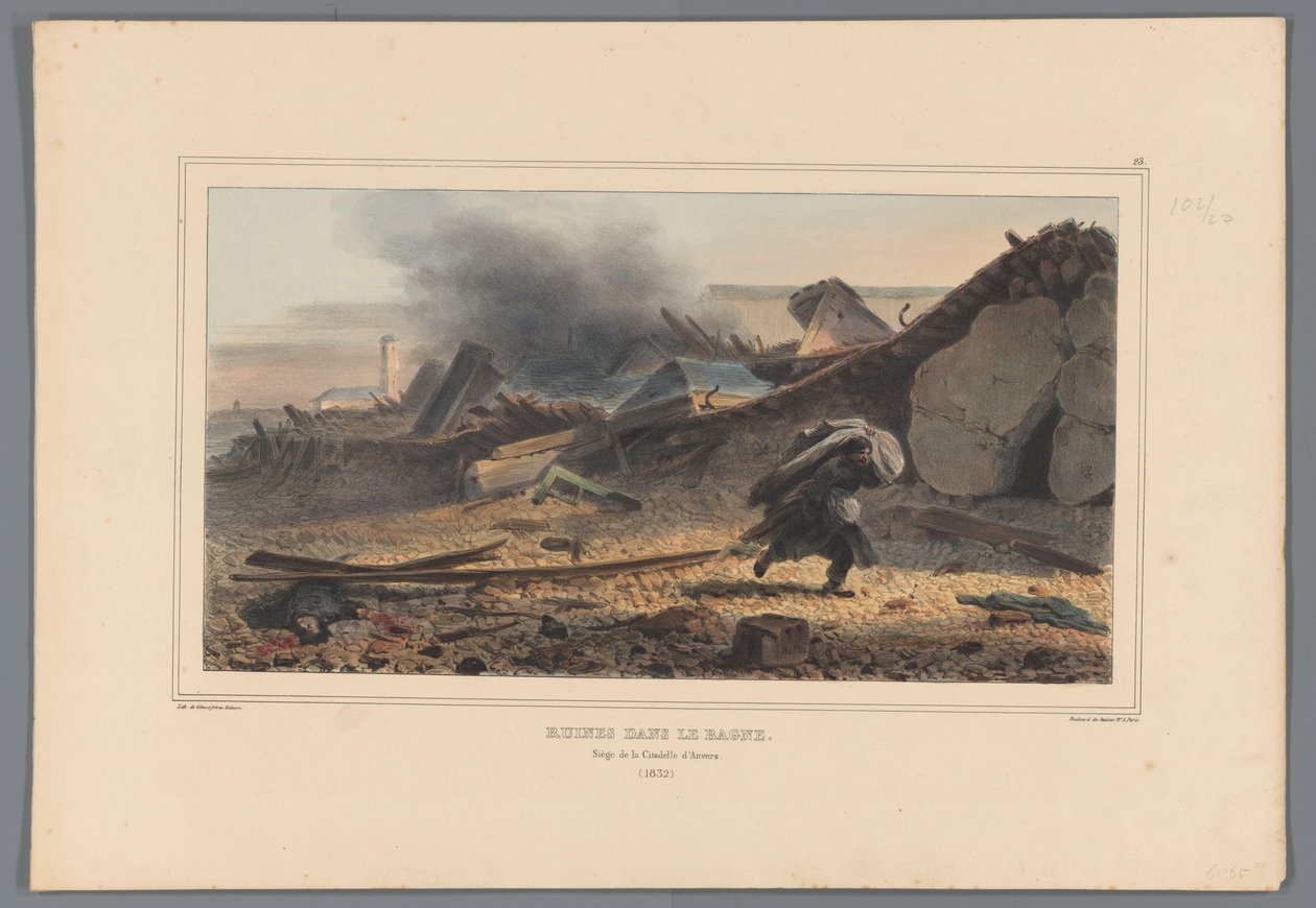 Ruiner, 1832 Ruiner i Bagne (titel på objekt) Tegninger lavet af livet ved belejringen af ​​Citadellet i Antwerpen af ​​Raffet (serietitel på objekt) af Denis Auguste Marie Raffet