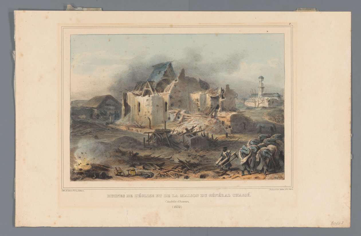 Ruïnes van de kerk in het huis van generaal Chassé, 1832 Ruiner af kirken og general Chassés hus (titel på objektet) Tegninger lavet af livet ved belejringen af ​​Citadellet i Antwerpen af ​​Raffet (serietitel på objekt) af Denis Auguste Marie Raffet