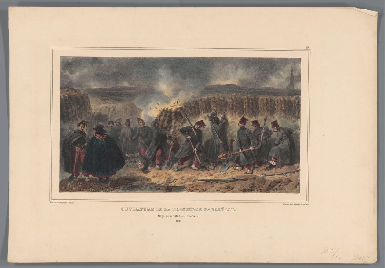 Soldaten graben een loopgraaf, 1832 Åbning af tredje parallel (titel på objekt) Tegninger lavet af livet ved belejringen af ​​Citadellet i Antwerpen af ​​Raffet (serietitel på objekt) af Denis Auguste Marie Raffet