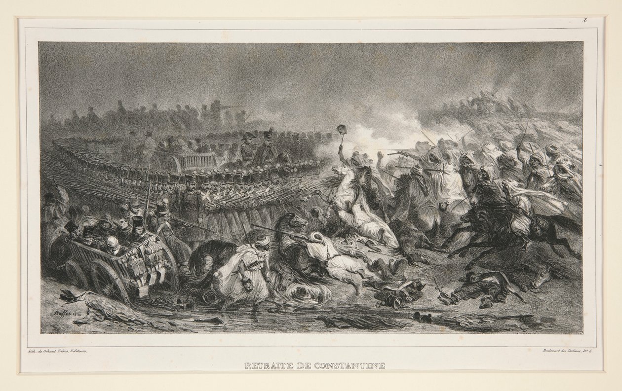 Det 2. lette kavaleri modstår arabernes angreb, fra et sæt på seks, med titlen Retraite de Constantine af Denis Auguste Marie Raffet