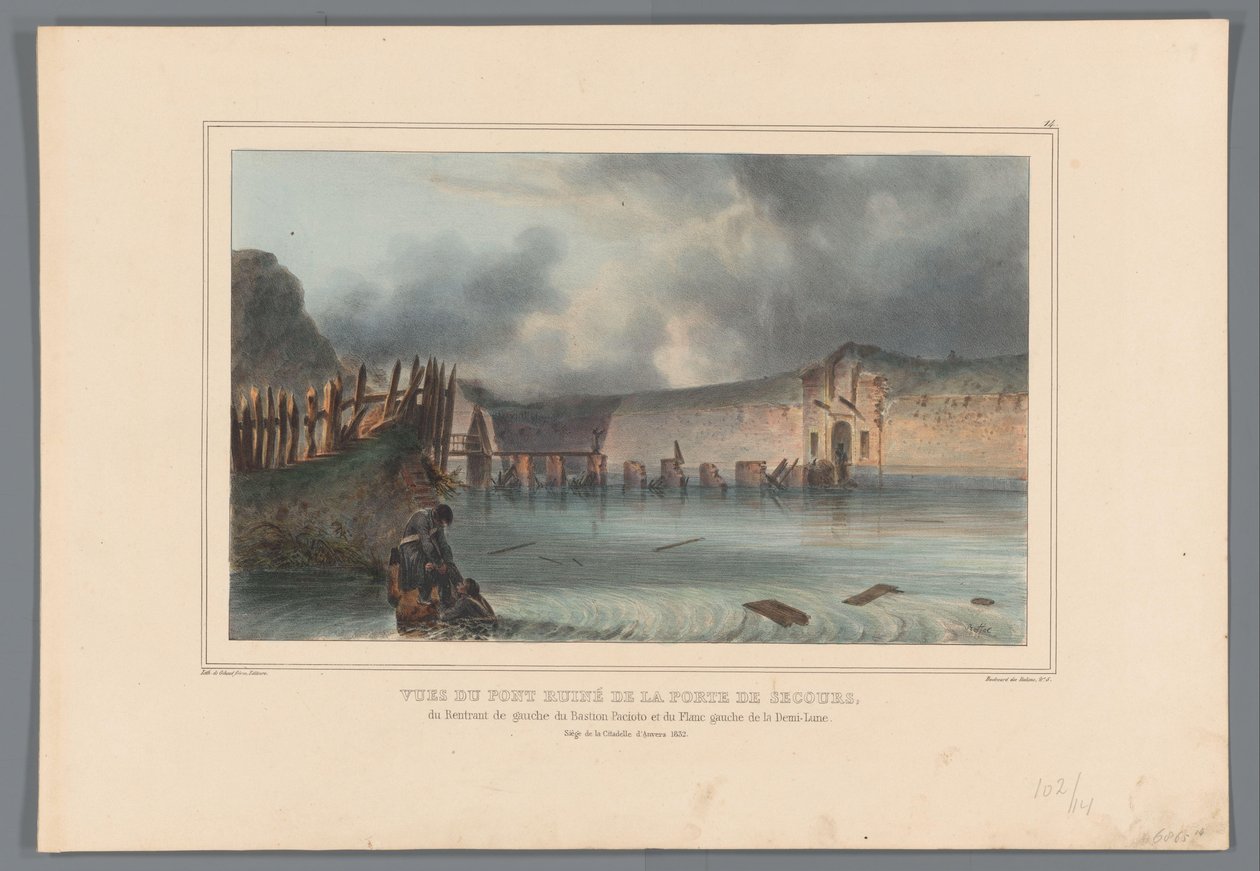 Vernielde brug, 1832 Udsigt over den ødelagte bro af Rescue Gate, den venstre genindtræden af ​​Bastion Pacioto og den venstre flanke af halvmånen (titel på objektet) Tegninger lavet af livet ved belejringen af ​​Citadellet i Antwerpen af ​​Raffet (serieti af Denis Auguste Marie Raffet