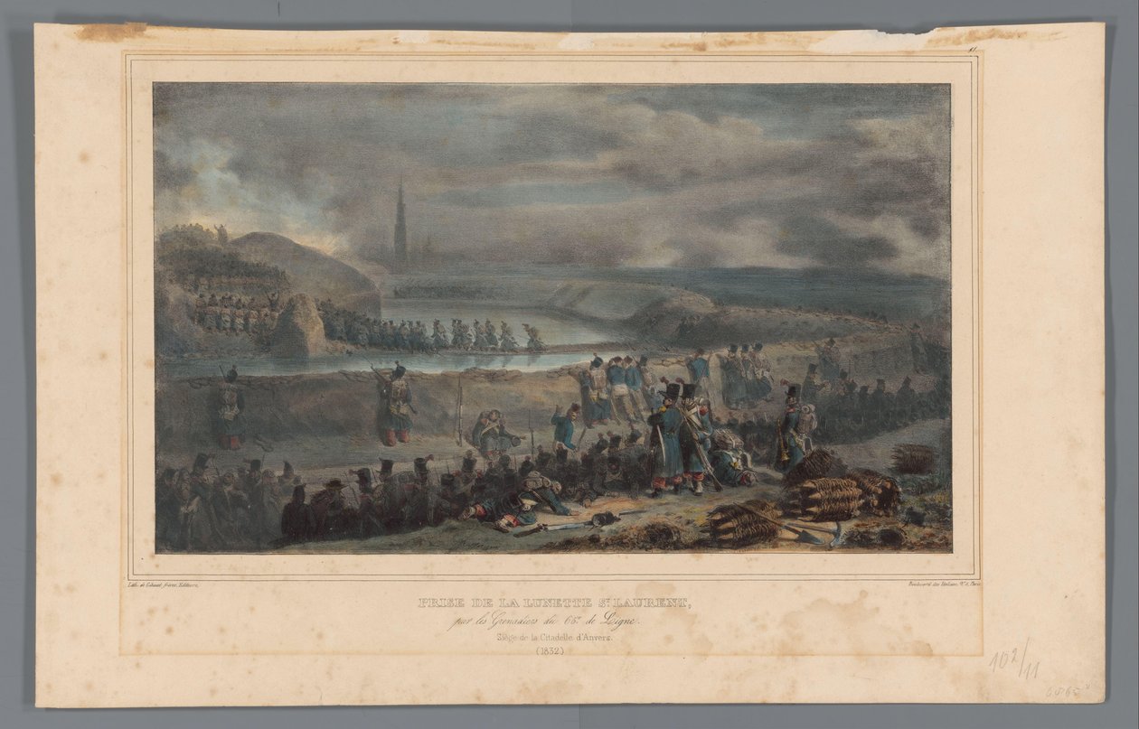 Verovering van de lunette St. Laurent, 1832 Overtagelse af St. Laurent-rammen af ​​Grenadiers of the 65th of Line (titel på objektet) Tegninger lavet af livet ved belejringen af ​​Citadellet i Antwerpen af ​​Raffet (serietitel på objekt) af Denis Auguste Marie Raffet