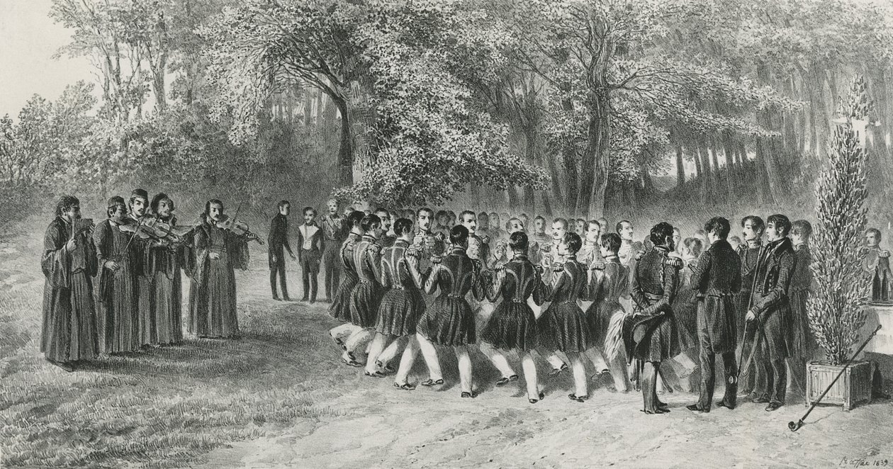 Wallachian Round, fremført af Tsiganes og danset af Andet Regiments musikere hjemme hos Prins Ghika, Ghospodar, Wallachia, 1839 af Denis Auguste Marie Raffet