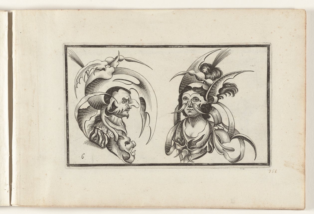 Mandlige og kvindelige hoveder med groteske hatte og kraver Hovedbeklædningsdesign (serietitel) Ouvrage sjældne et nouveau, contenant plusieurs desseins de merveilleuse rekreation sous diverses caprices et gentillesses representees en l