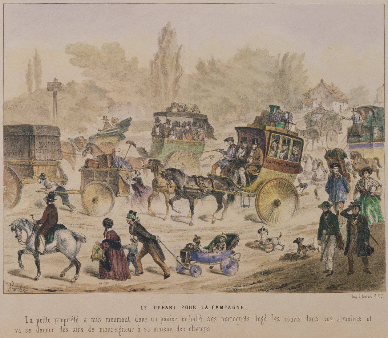 Afgang til landet, midten af det nittende århundrede (farve litho) af Denis Clement Pruche