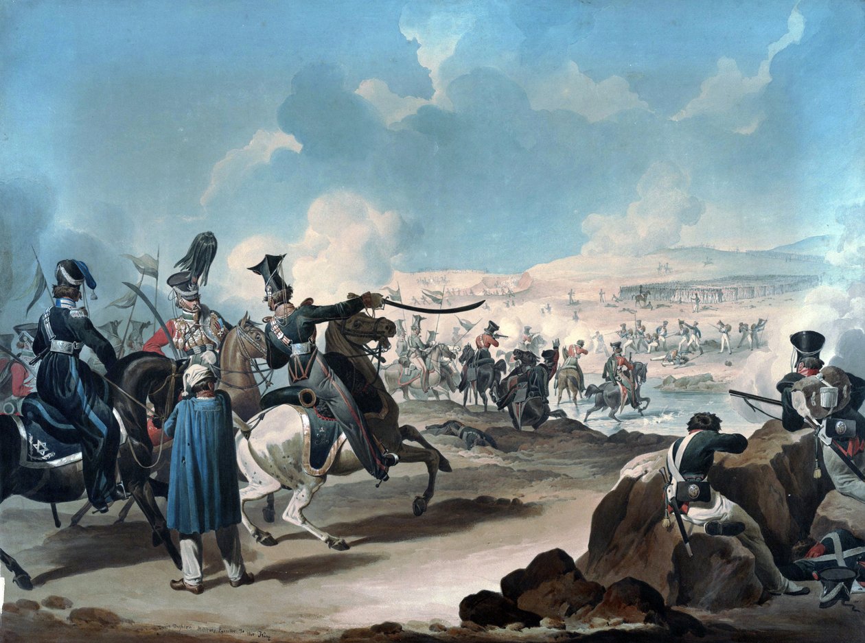 Russisk kavaleri angriber fransk infanteri ved Borodino (bataille de la Moskova) - Dighton, Denis (1792-1827) - ca 1813 - Akvarel på papir - 53,8x71,8 - Privat samling af Denis Dighton