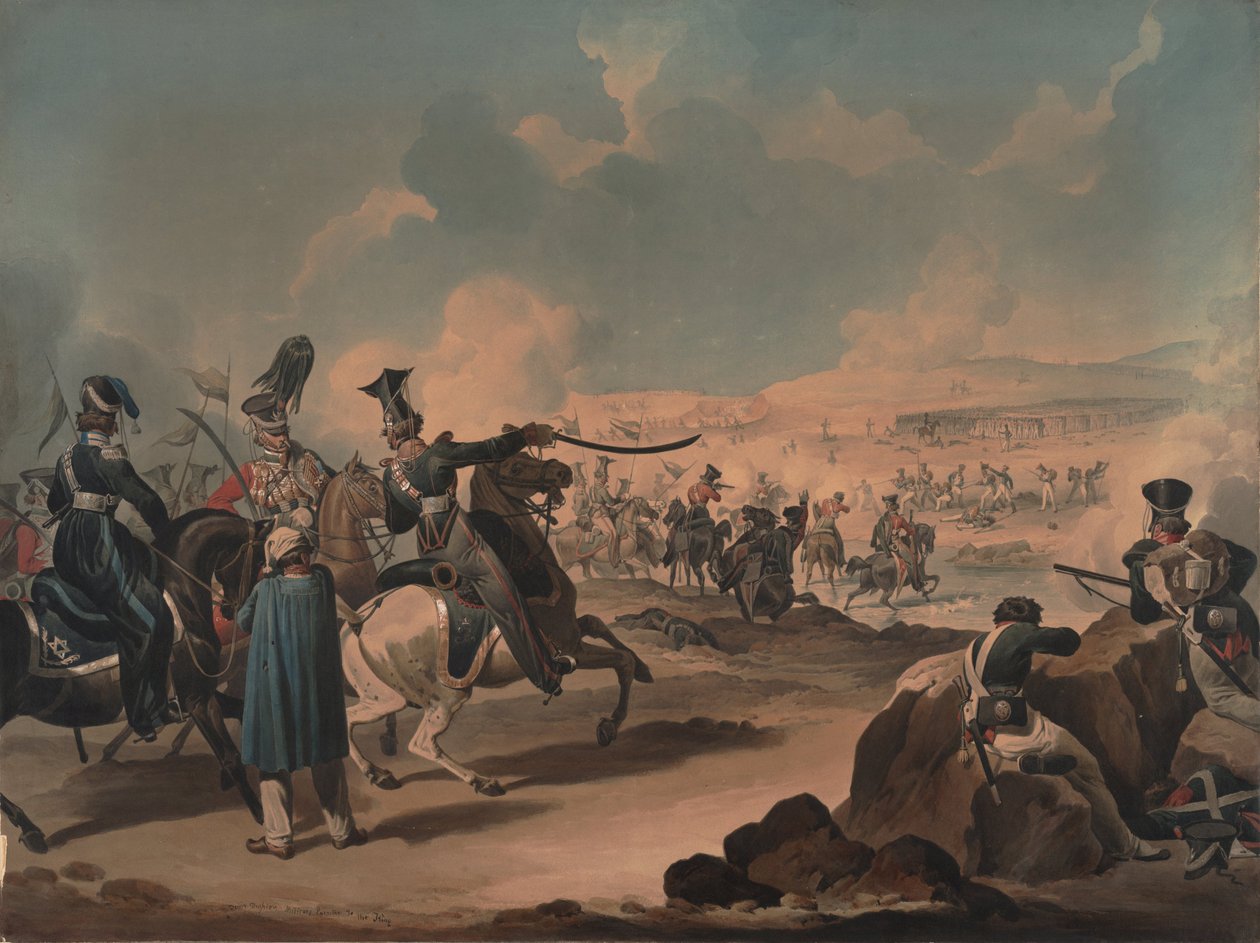 Russisk kavaleri angriber fransk infanteri ved Borodino, ca 1813 af Denis Dighton