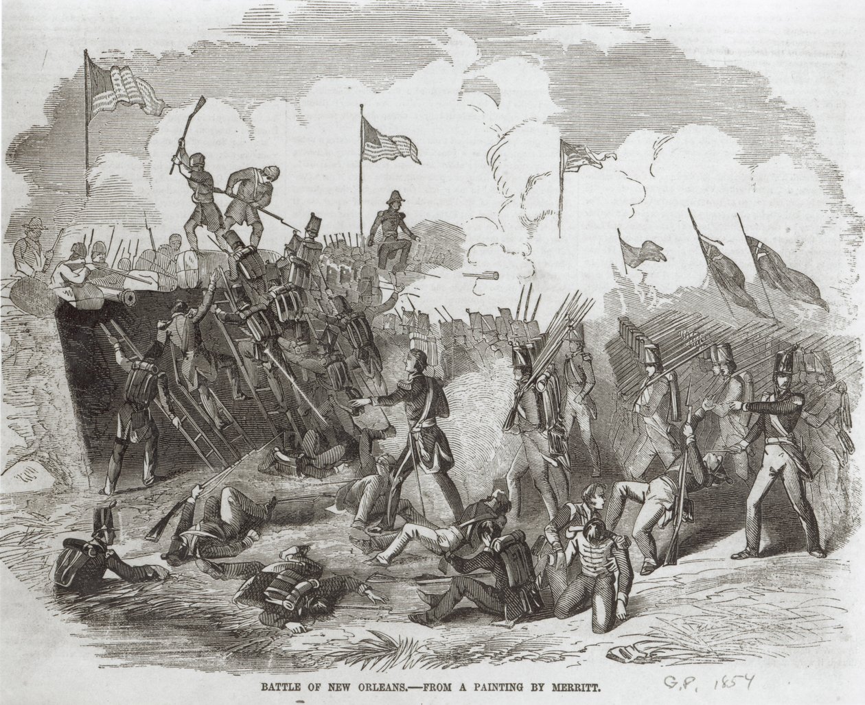 Slaget ved New Orleans, 8. januar 1815, indgraveret af Thomas Phillibrown, 1856 af Dennis Malone Carter