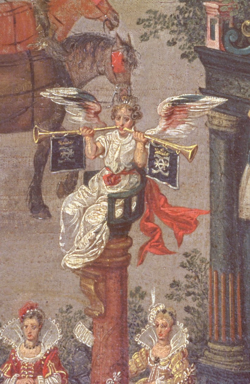 Isabellas triumf i Ommeganck i Bruxelles den 31. maj 1615, detalje af den allegoriske berømmelsesfigur fra Isabellas domstols bil, 1615 (detalje af 75629) af Denys van Alsloot