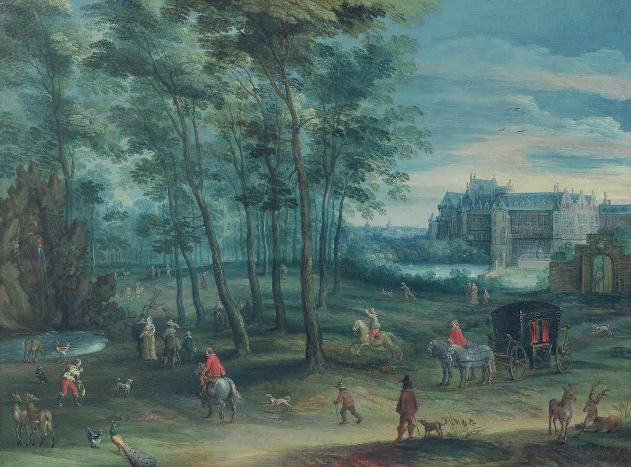 Viceregalpaladsets park, Bruxelles, med elegant selskab ved et springvand, ca. 1600 (olie på kobber) af Denys van Alsloot