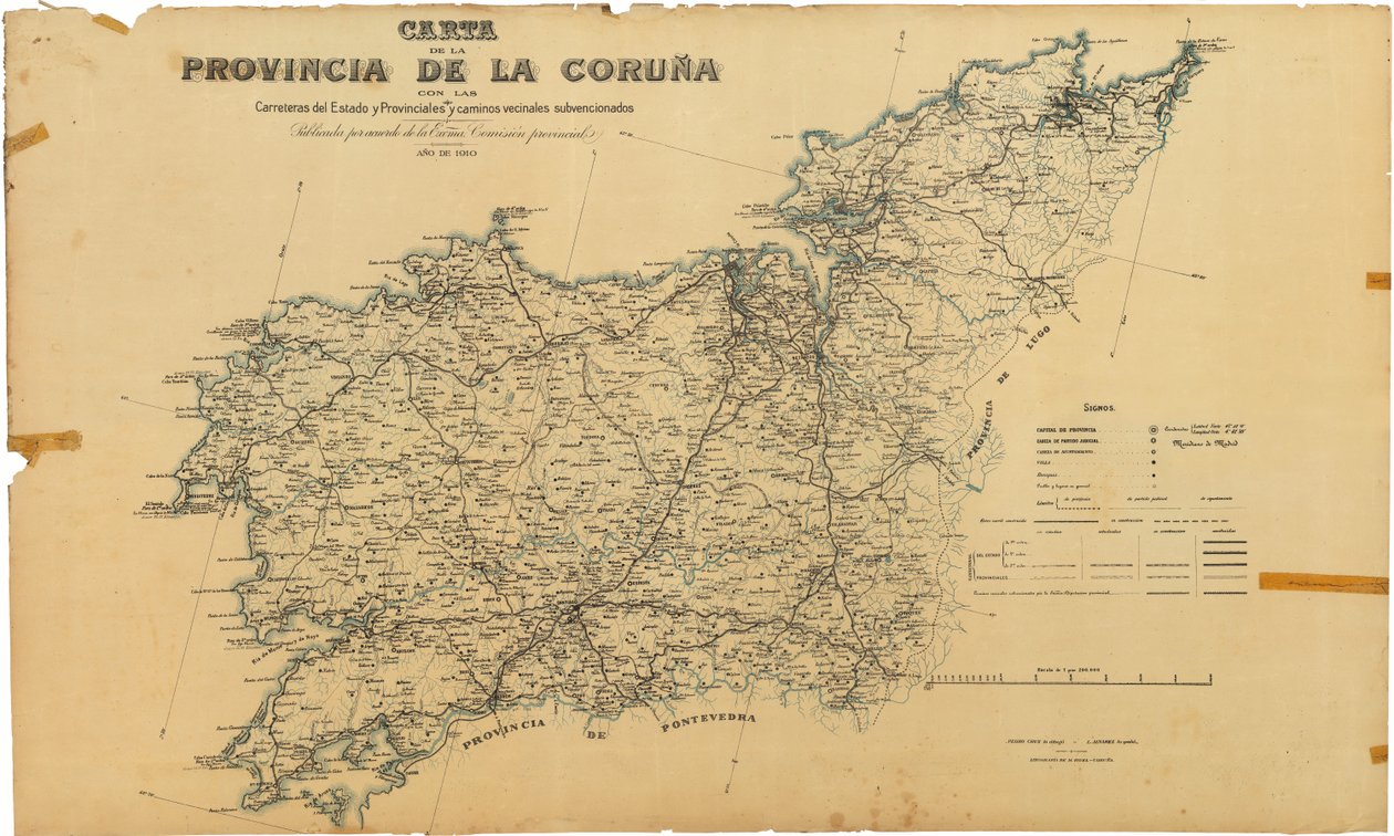 Kort over provinsen A Coruña med stats- og provinsveje og subsidierede naboveje. Udgivet efter aftale med Hans Excellence. Provinskommissionen af Deputación da Coruña