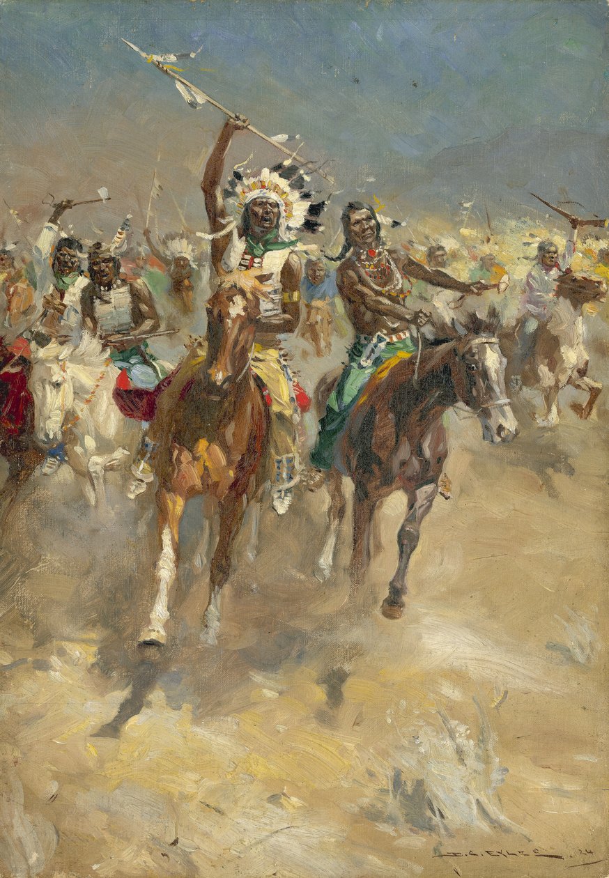Angribende indianere på hesteryg (gouache på papir) af Derek Charles Eyles