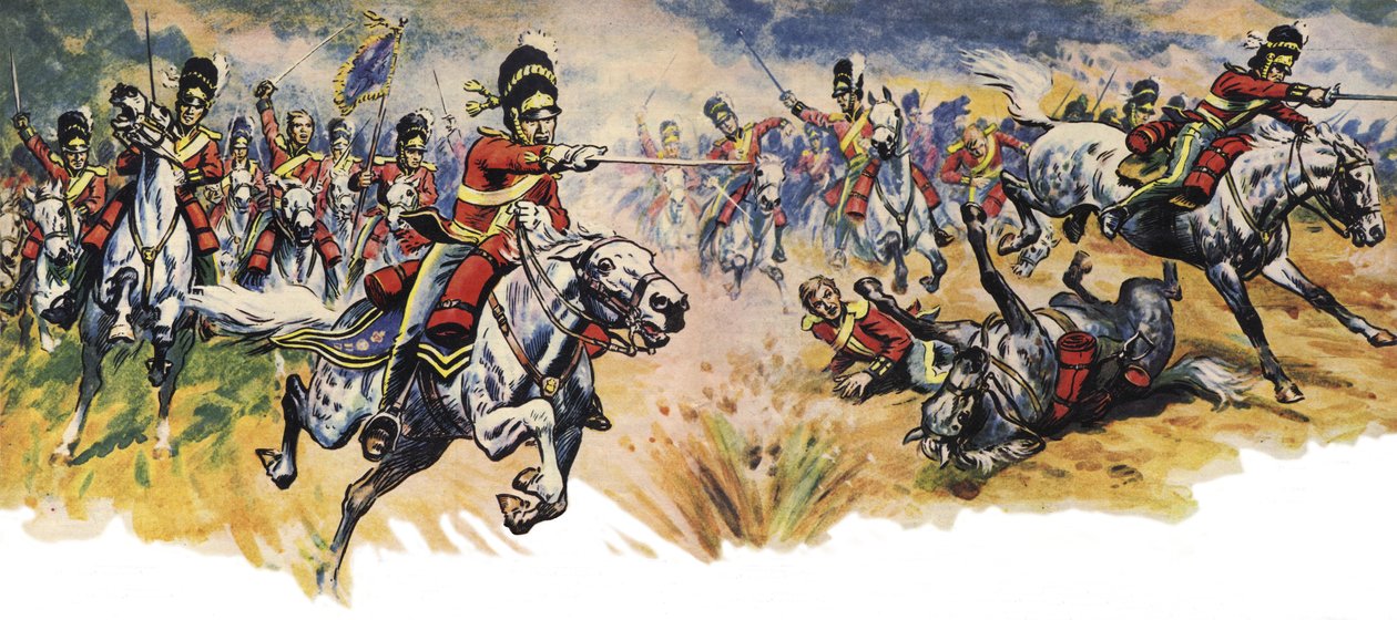 "Ind i dem, Greys!" Unionsbrigadens (kavaleriets) angreb i slaget ved Waterloo (farvelitografi) af Derek Charles Eyles