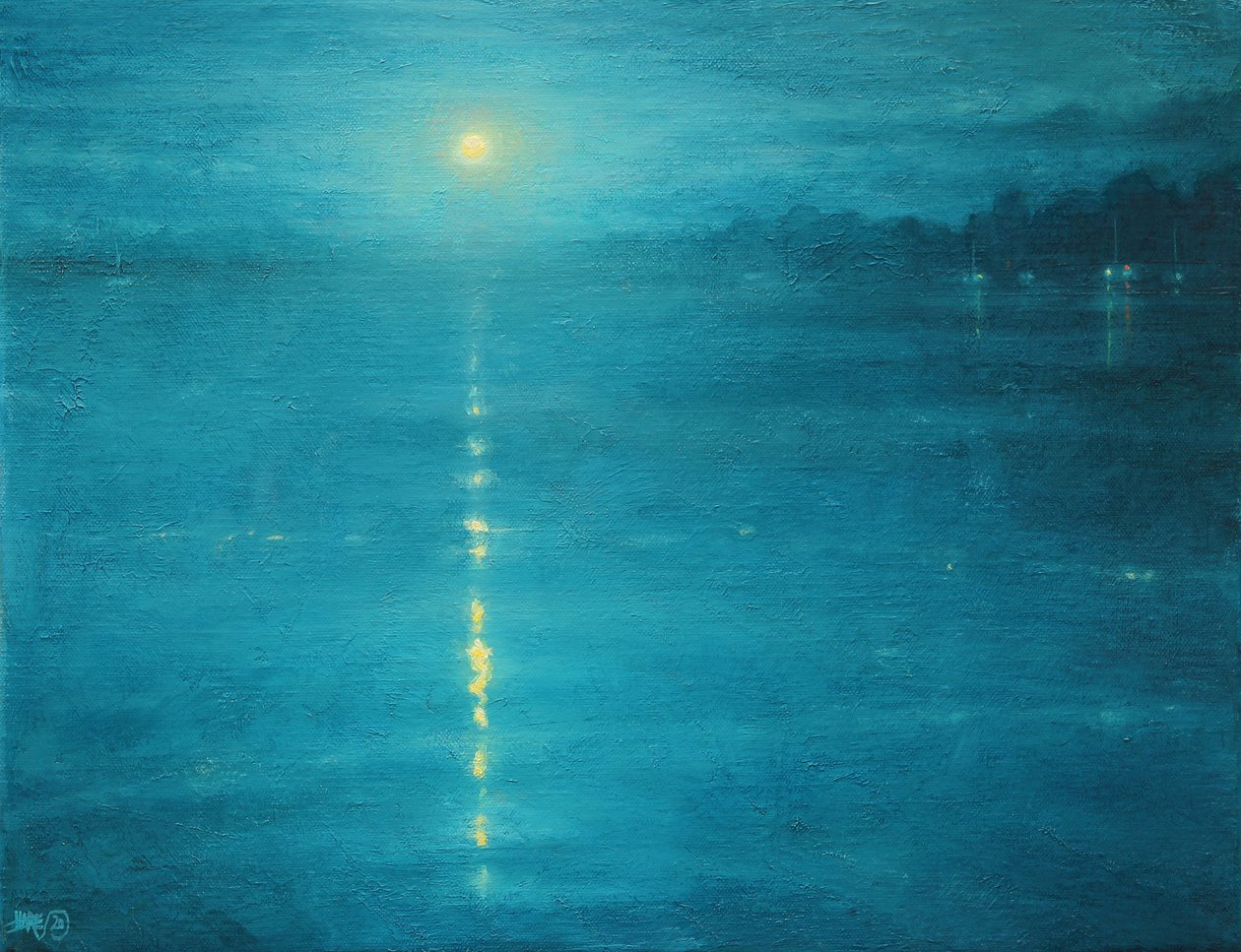 Moonrise On The Canal, 2020 (Olie on Canvas) af Derek Hare