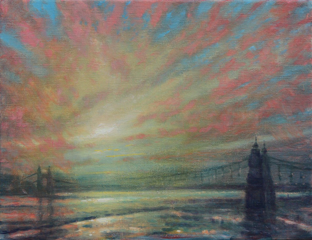 Sunset At Hammersmith Bridge, 2022 (Olie on Canvas) af Derek Hare