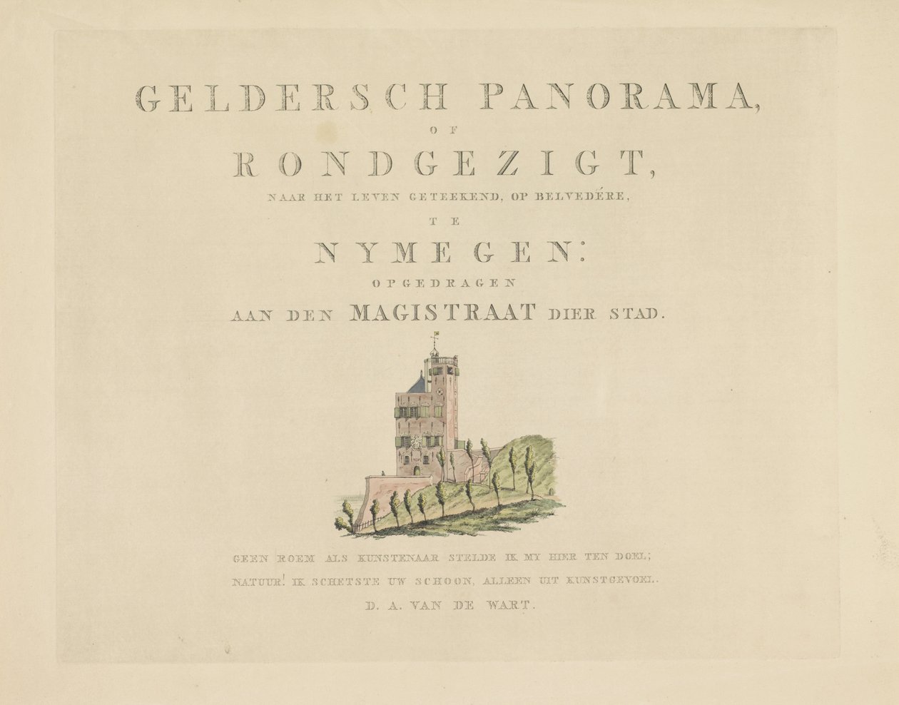 Belvédère i Nijmegen Seværdigheder omkring byen Nijmegen (serietitel) Geldersch panorama eller rund udsigt over livet tegnet på belvedere i Nymegen (serietitel på objekt) af Derk Anthony van de Wart