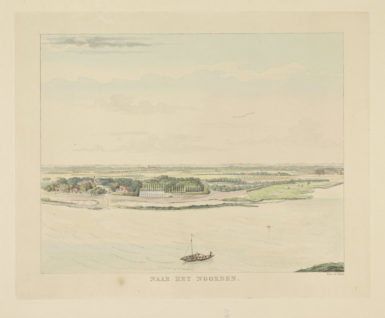 Udsigt over Waal nord for Nijmegen Mod nord (titel på objekt) Seværdigheder omkring byen Nijmegen (serietitel) Geldersch panorama eller rund udsigt over livet tegnet på belvedere i Nymegen (serietitel) af Derk Anthony van de Wart