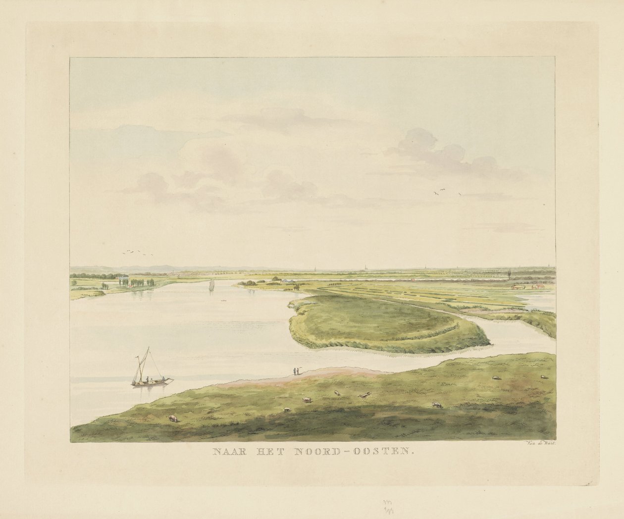Udsigt over Waal mod nordøst for Nijmegen Mod nordøst (titel på objekt) Seværdigheder omkring byen Nijmegen (serietitel) Geldersch panorama eller rund udsigt over livet tegnet på belvedere i Nymegen (serietitel) af Derk Anthony van de Wart