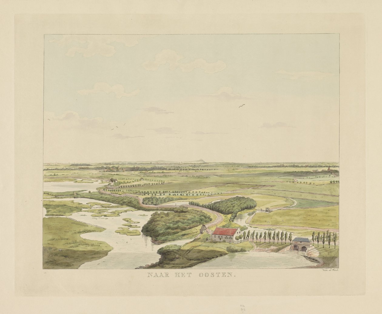 Udsigt over landskabet øst for Nijmegen Mod øst (titel på objekt) Seværdigheder omkring byen Nijmegen (serietitel) Geldersch panorama eller rund udsigt over livet tegnet på belvedere i Nymegen (serietitel) af Derk Anthony van de Wart