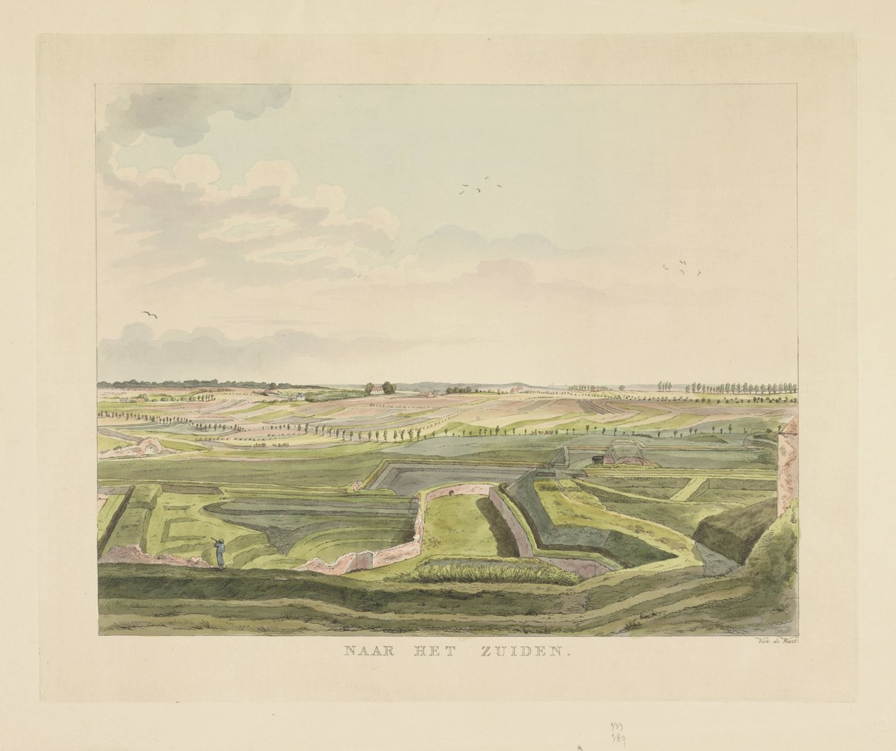 Udsigt over landskabet syd for Nijmegen Mod syd (titel på objekt) Seværdigheder omkring byen Nijmegen (serietitel) Geldersch panorama eller rund udsigt over livet tegnet på belvedere i Nymegen (serietitel) af Derk Anthony van de Wart