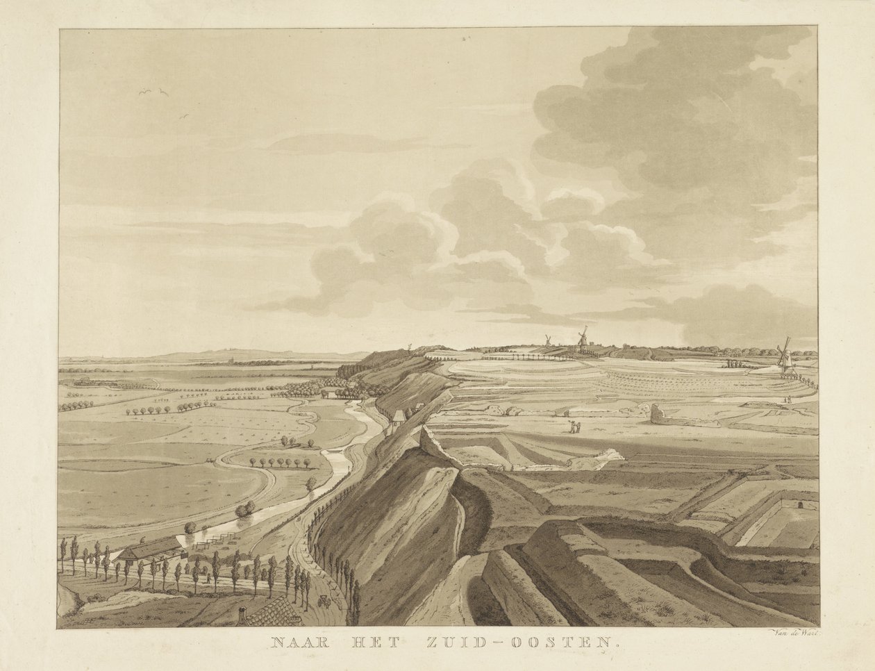 Udsigt over landskabet sydøst for Nijmegen Mod sydøst (titel på objekt) Seværdigheder omkring byen Nijmegen (serietitel) Geldersch panorama eller rund udsigt over livet tegnet på belvedere i Nymegen (serietitel) af Derk Anthony van de Wart