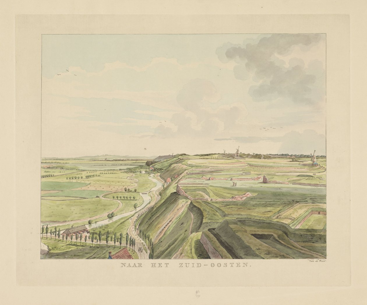 Udsigt over landskabet sydøst for Nijmegen Mod sydøst (titel på objekt) Seværdigheder omkring byen Nijmegen (serietitel) Geldersch panorama eller rund udsigt over livet tegnet på belvedere i Nymegen (serietitel) af Derk Anthony van de Wart