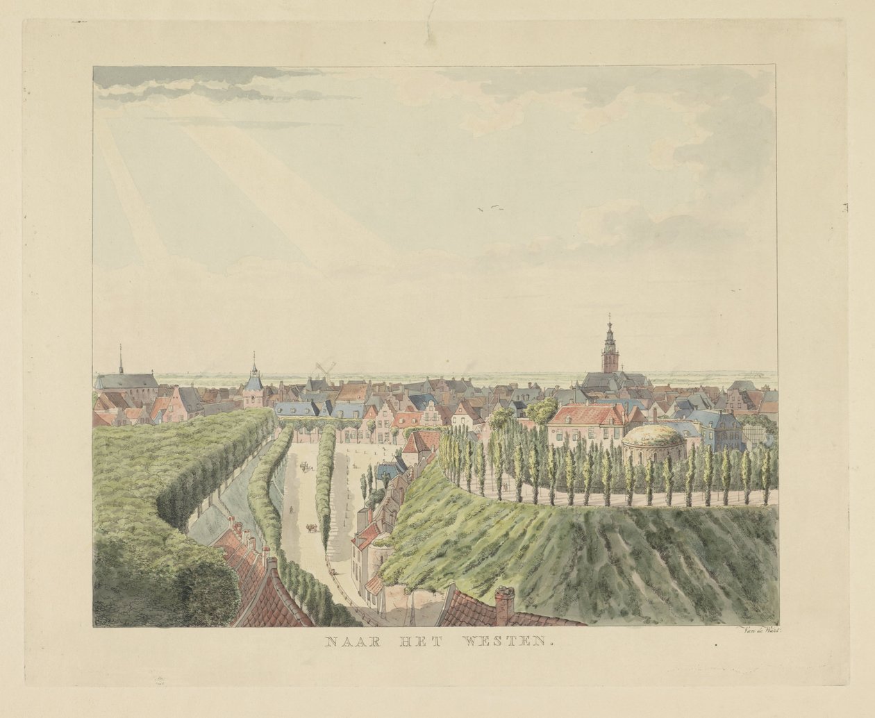 Nijmegen, udsigt fra Belvédère mod vest Mod vest (titel på objekt) Seværdigheder omkring byen Nijmegen (serietitel) Geldersch panorama eller rund udsigt over livet tegnet på belvedere i Nymegen (serietitel) af Derk Anthony van de Wart