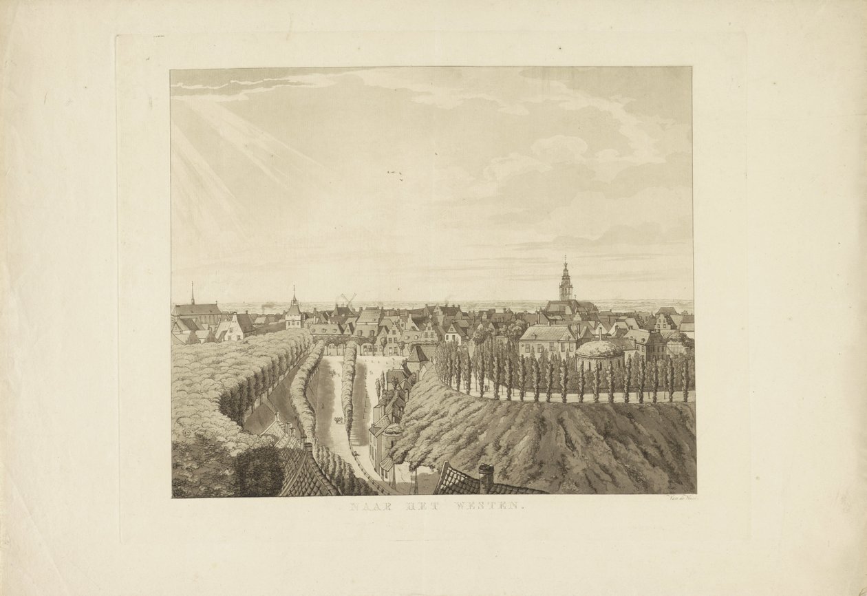 Nijmegen, udsigt fra Belvédère mod vest Mod vest (titel på objekt) Seværdigheder omkring byen Nijmegen (serietitel) Geldersch panorama eller rund udsigt over livet tegnet på belvedere i Nymegen (serietitel) af Derk Anthony van de Wart