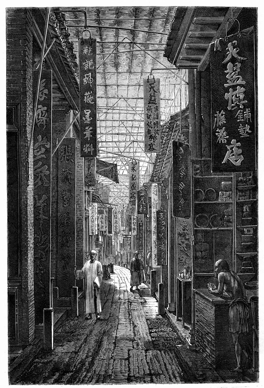 Udsigt over Pharmacy Street i Guangzhou (Guangzhou). Gravering efter en tegning af Deroy, i "" Le Tour du Monde, Nouveau journal des Voyages", redigeret af Edouard Charton, Paris af Deroy (after)