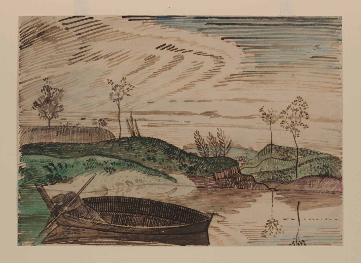 Ved Bsura-floden, Polen, ca. 1915 (akvarel, blyant og kridt på papir) af Derwent Lees