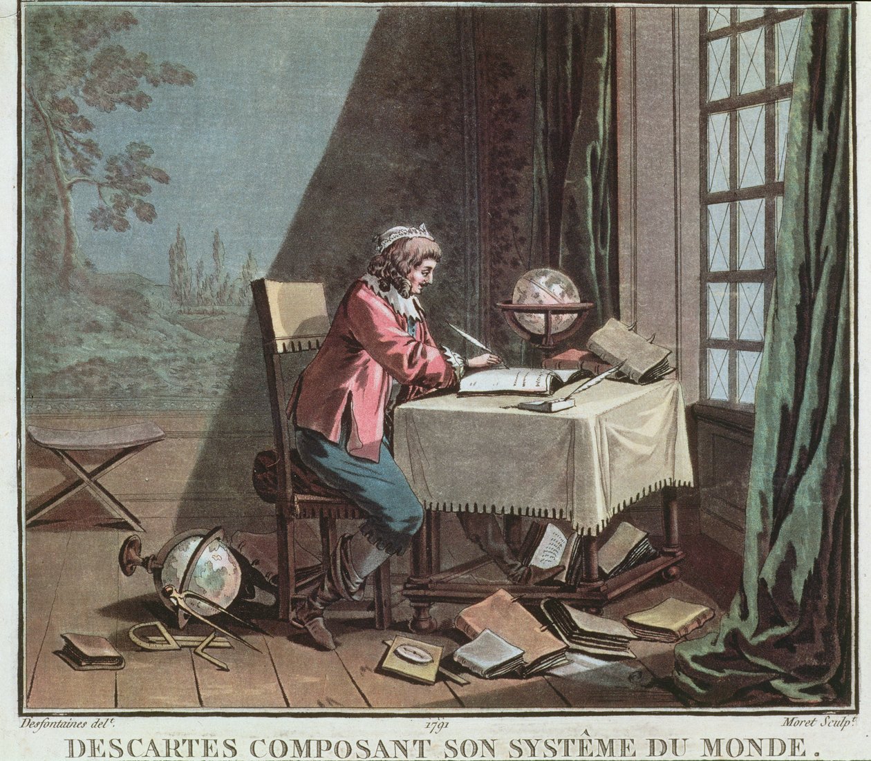 Rene Descartes (1596-1650) skriver sit verdenssystem, indgraveret af Jean Baptiste Moret (fl.1790-1820), 1791 af Desfontaines