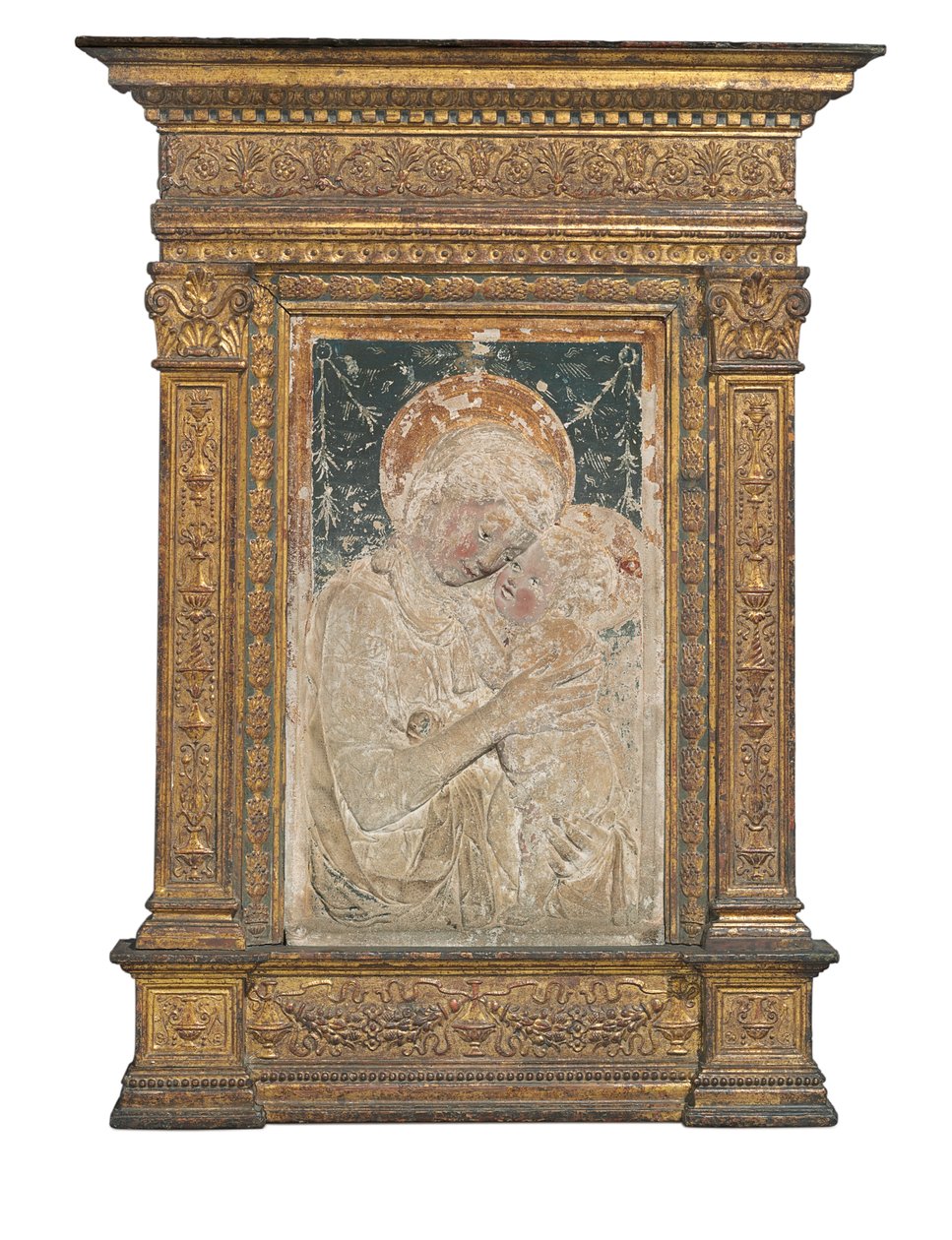 Relief af Jomfru og Barn (forgyldt og polykrom stuk) af Desiderio da Settignano (after)