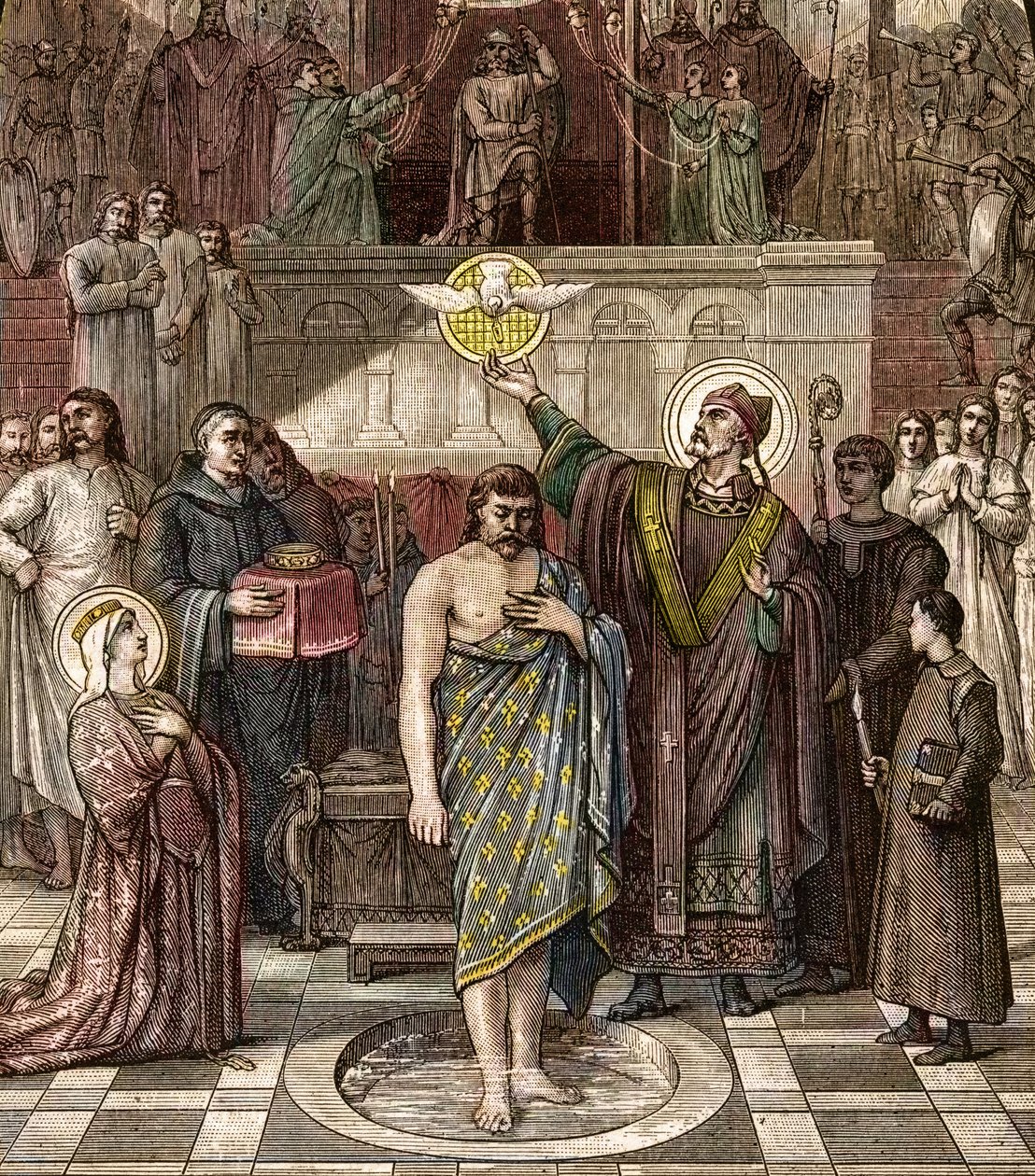 Sankt Remigius døber Clovis i Reims - Dåben af frankernes konge Clovis I (466-511) i Reims af Eveque Saint Remi den 25/12/496 (eller 499) - gravering efter maleriet af Desire Francois Laugee af Desire Francois Laugee