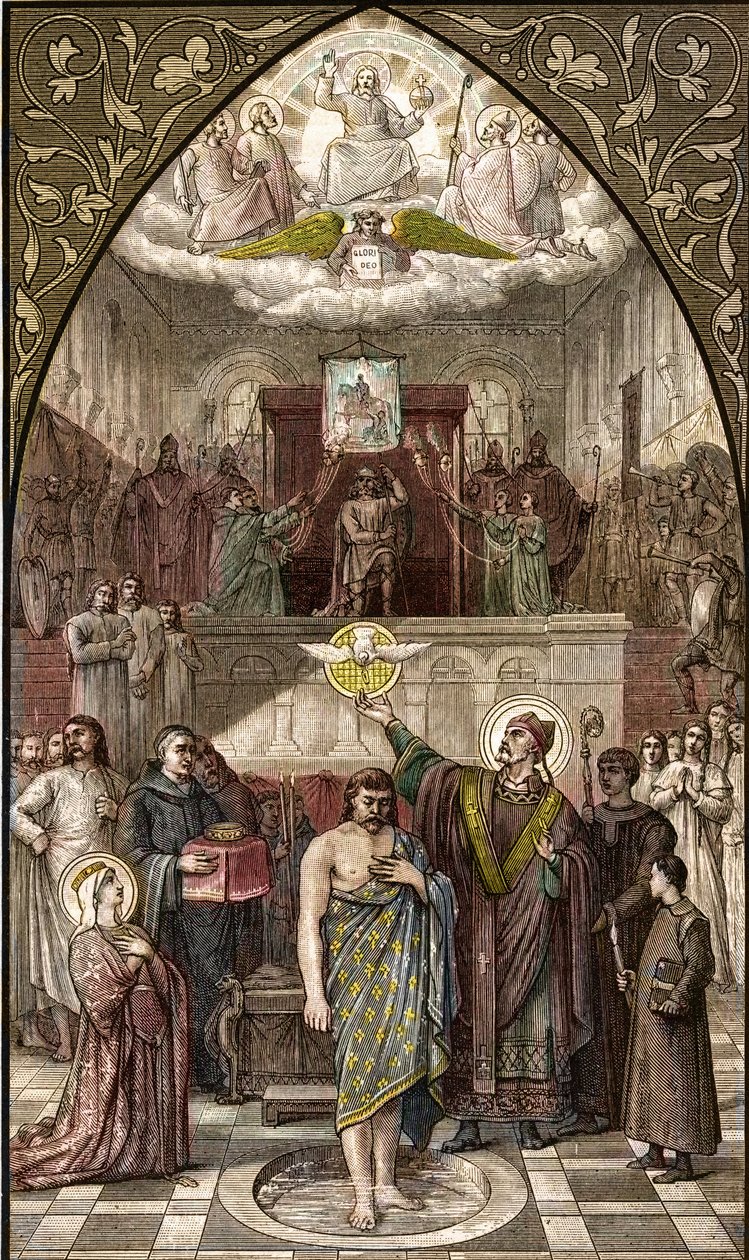 Sankt Remigius døber Clovis i Reims - Dåben af frankernes konge Clovis I (466-511) i Reims af Eveque Saint Remi den 25/12/496 (eller 499) - gravering efter maleriet af Desire Francois Laugee af Desire Francois Laugee